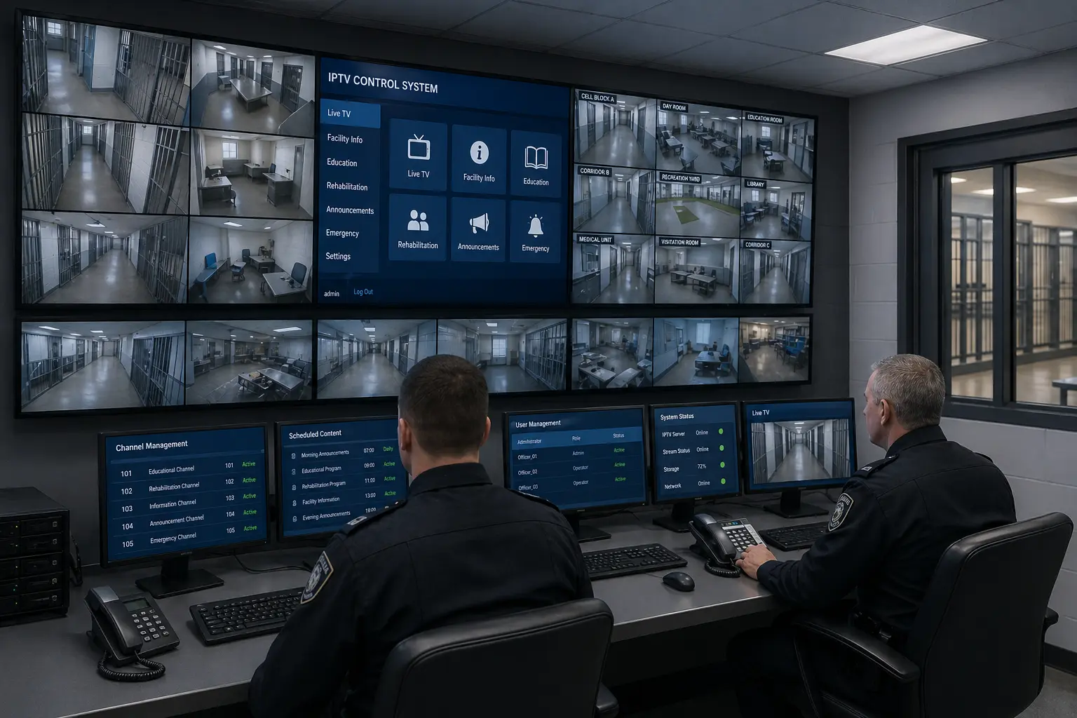 Prison IPTV control system monitoring screens